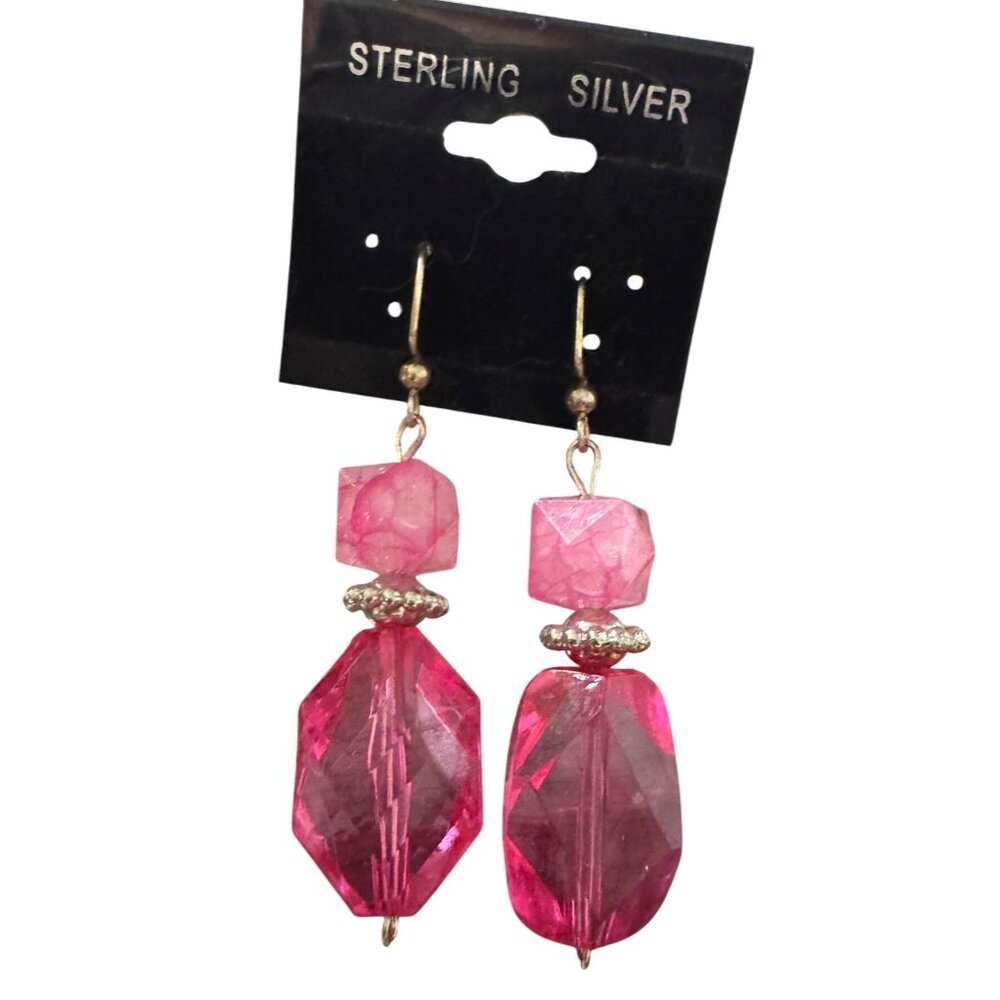 Sterling Silver Pink Crystal Drop Earrings With Geometric Beads & Dangle Design‎